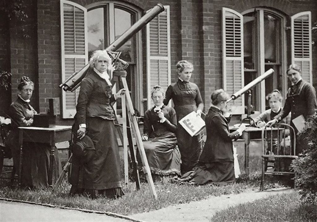 Astronomer Maria Mitchell (next to telescope) with her astronomy class outside an observatory at Vassar College in Poughkeepsie, New York, around 1870. (Image credit: Interim Archives/Getty Images)